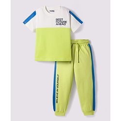 Pine Kids Cotton Knit Half Sleeves T-Shirt & Lounge Pant Set With Text Print - White & Lime Green