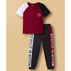 Pine Kids Cotton Knit Half Raglan Sleeves T-Shirt & Lounge Pant Set with Text Graphic - Black & Maroon