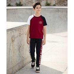 Pine Kids Cotton Knit Half Raglan Sleeves T-Shirt & Lounge Pant Set with Text Graphic - Black & Maroon
