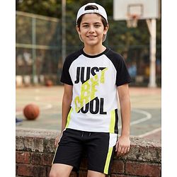 Pine Kids Cotton Knit Half Raglan Sleeves Cut & Sew T-Shirt & Shorts Set with Just Be Cool Print - Black & White
