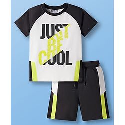 Pine Kids Cotton Knit Half Raglan Sleeves Cut & Sew T-Shirt & Shorts Set with Just Be Cool Print - Black & White