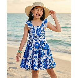 Pine Kids Poplin Woven Sleeveless Frock With Floral Print - Blue