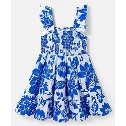 Pine Kids Poplin Woven Sleeveless Frock With Floral Print - Blue