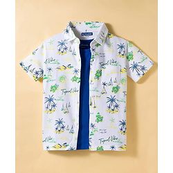 Pine Kids Single Jersey Knit Half Sleeves Shirt & Shorts Co-ord Set With Boat Print & Inner Tee - White