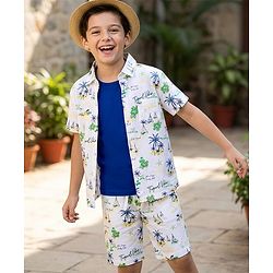 Pine Kids Single Jersey Knit Half Sleeves Shirt & Shorts Co-ord Set With Boat Print & Inner Tee - White