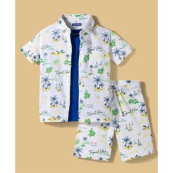 Pine Kids Single Jersey Knit Half Sleeves Shirt & Shorts Co-ord Set With Boat Print & Inner Tee - White