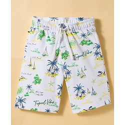 Pine Kids Single Jersey Knit Half Sleeves Shirt & Shorts Co-ord Set With Boat Print & Inner Tee - White