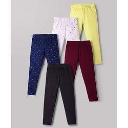 Pine Kids Cotton Lycra Knit Full Length Leggings with Polka Dot Print Pack of 5 (Color & Design May Vary)