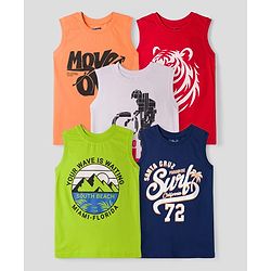 Pine Kids Cotton Knit Sleeveless Tank T-Shirts with Text Print Pack of 5 - Multicolor