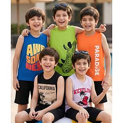 Pine Kids Cotton Knit Sleeveless Tank T-Shirts with Text Print Pack of 5 - Multicolor