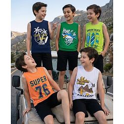 Pine Kids Cotton Knit Sleeveless Tank T-Shirts with Text Print Pack of 5 - Multicolor