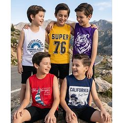 Pine Kids Cotton Knit Sleeveless Tank T-Shirts with Text Print Pack of 5 - Multicolor