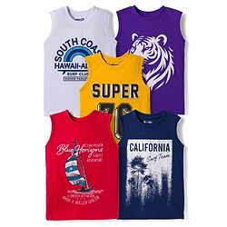 Pine Kids Cotton Knit Sleeveless Tank T-Shirts with Text Print Pack of 5 - Multicolor