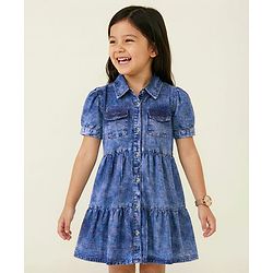 Pine Kids Cotton Woven Half Sleeves Solid Colour Frock - Navy Blue