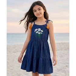 Pine Kids Cotton Woven Sleeveless Frock With Floral Embriodery - Navy Blue