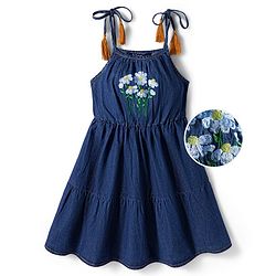 Pine Kids Cotton Woven Sleeveless Frock With Floral Embriodery - Navy Blue