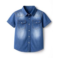 Pine Kids Woven Half Sleeves Washed Denim Shirt - Blue