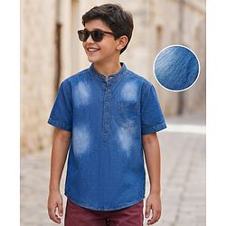 Pine Kids Denim Woven Half Sleeves Mandarin Collar Washed Shirts - Blue