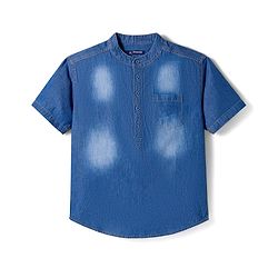 Pine Kids Denim Woven Half Sleeves Mandarin Collar Washed Shirts - Blue