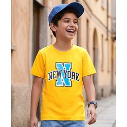 Pine Kids Cotton Knit Half Sleeves T-Shirt With New York Print - Yellow