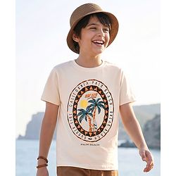 Pine Kids Cotton Knit Half Sleeves T-Shirt With Surfing Print - White