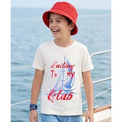 Pine Kids Cotton Knit Half Sleeves T-Shirt With Boat Print - White