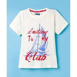 Pine Kids Cotton Knit Half Sleeves T-Shirt With Boat Print - White