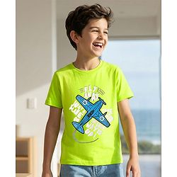 Pine Kids 100% Cotton Knit Half Sleeves Aeroplane Printed T-Shirt - Lime Green
