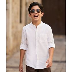Pine Kids 100% Cotton Woven Full Sleeves Mandarin Collar Solid Shirt - White