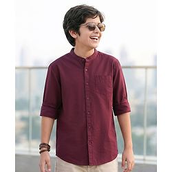 Pine Kids 100% Cotton Woven Full Sleeves Mandarin Collar Solid Shirt - White