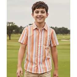 Pine Kids Cotton Woven Half Sleeves Shirt With Stripes - Orange