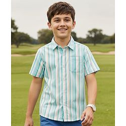 Pine Kids Cotton Woven Half Sleeves Shirt With Stripes - Light Blue