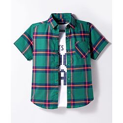 Pine Kids Cotton Woven Half Sleeves Checks Shirt With Text Printed T-Shirt - Green