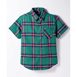 Pine Kids Cotton Woven Half Sleeves Checks Shirt With Text Printed T-Shirt - Green