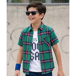 Pine Kids Cotton Woven Half Sleeves Checks Shirt With Text Printed T-Shirt - Green