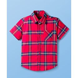 Pine Kids Cotton Woven Half Sleeves Checks Shirt With Text Printed T-Shirt - Red