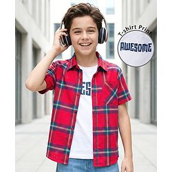 Pine Kids Cotton Woven Half Sleeves Checks Shirt With Text Printed T-Shirt - Red