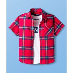Pine Kids Cotton Woven Half Sleeves Checks Shirt With Text Printed T-Shirt - Red