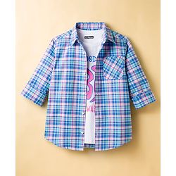 Pine Kids Cotton Woven Half Sleeves Checks Shirt With Printed T-Shirt - Blue