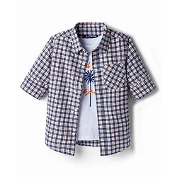 Pine Kids Cotton Woven Full Sleeves Checks Shirt With T-Shirt  - White & Navy