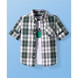 Pine Kids Cotton Woven Full Sleeves Checks Shirt With Printed T-Shirt - Green & White