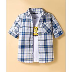 Pine Kids Cotton Woven Full Sleeves Checks Shirt With Printed T-Shirt - Blue & White