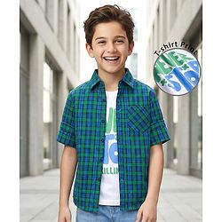 Pine Kids Cotton Woven Full Sleeves Checks Shirt With Printed Shirt - Teal Blue & White