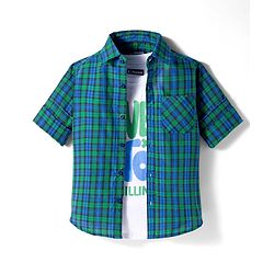 Pine Kids Cotton Woven Full Sleeves Checks Shirt With Printed Shirt - Teal Blue & White