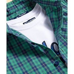 Pine Kids Cotton Woven Half Sleeves Checks Shirt With Printed T-Shirt - Sea Green & White