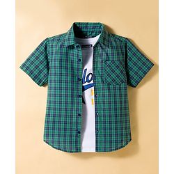 Pine Kids Cotton Woven Half Sleeves Checks Shirt With Printed T-Shirt - Sea Green & White