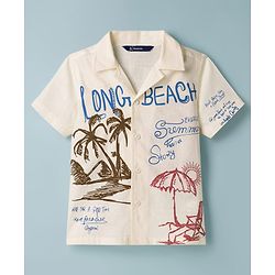 Pine Kids Cotton Knit Half Sleeves Resort Collar Shirt With Beach Theme Print - Off White
