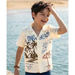 Pine Kids Cotton Knit Half Sleeves Resort Collar Shirt With Beach Theme Print - Off White