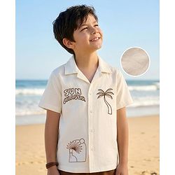 Pine Kids Cotton Knit Half Sleeves Resort Collar Shirt With Tree Print - Off White