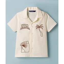 Pine Kids Cotton Knit Half Sleeves Resort Collar Shirt With Tree Print - Off White
